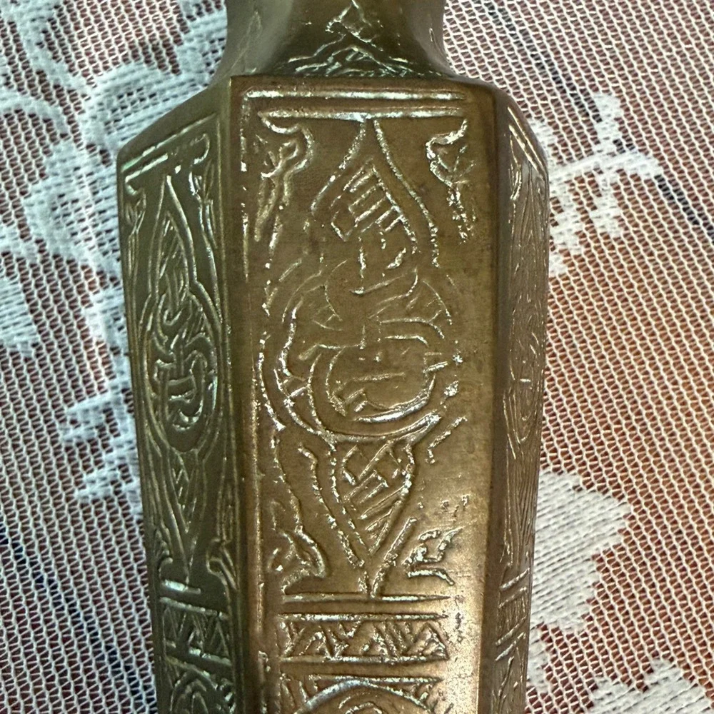 Vintage Etched Brass Bud Vase Unisex 5.5in Gold Middle Eastern Hexagonal
